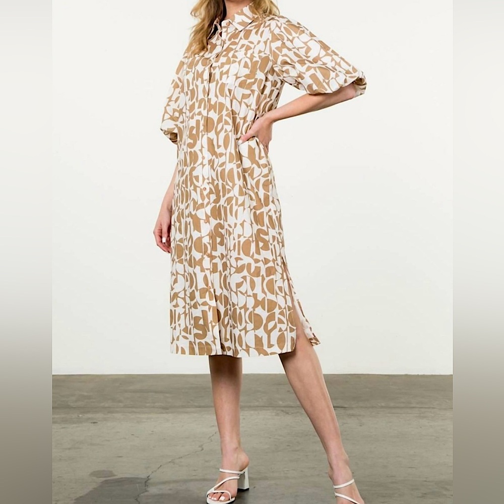 THML Penelope Puff Sleeve Button Midi Dress, X-Small, Brown/White